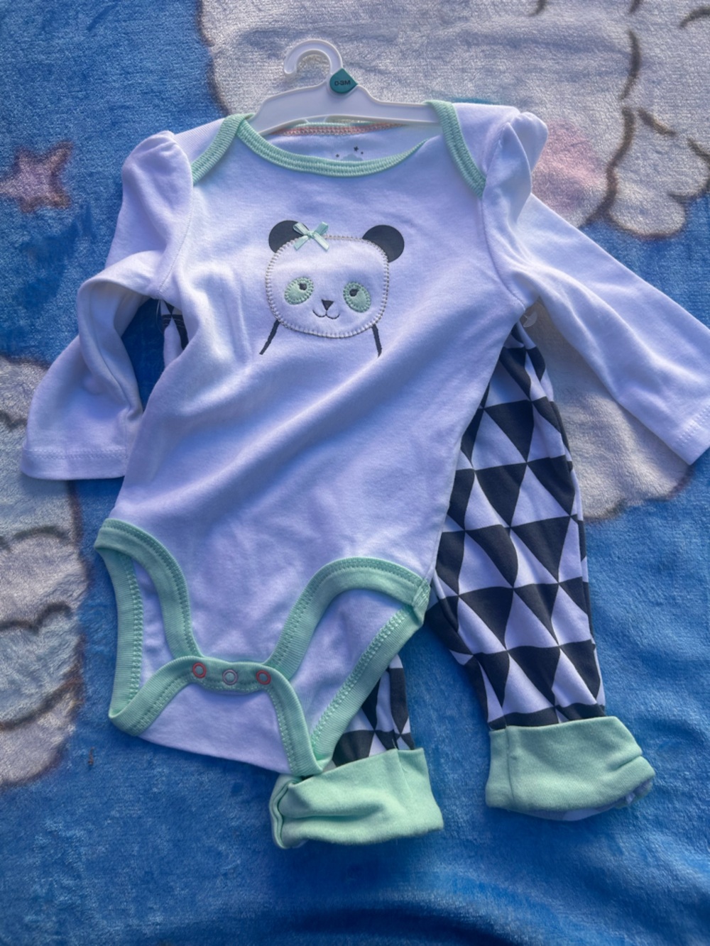 cloud island White & Mint Panda Embroidered Hooded Long Sleeve Top